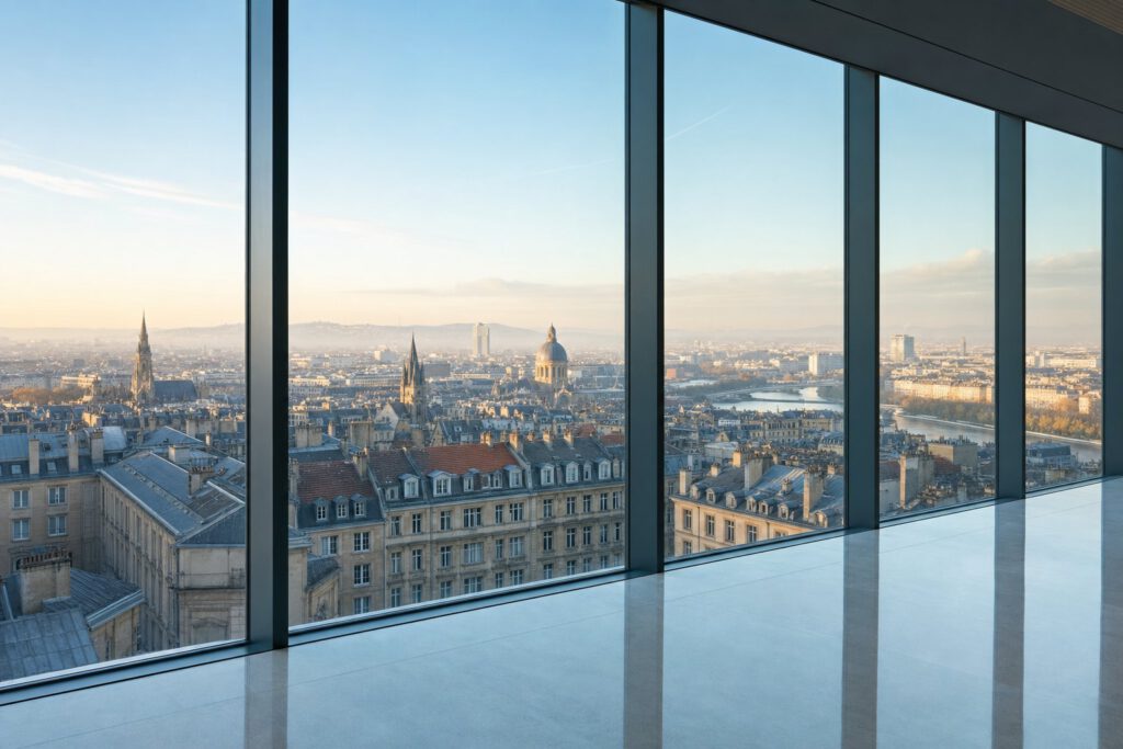 Blick über die Stadt aus einer Glasfassade am Morgen